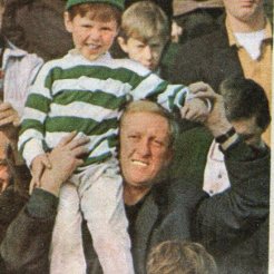 1960s Young Celtic fan in hoops in crowd, colour